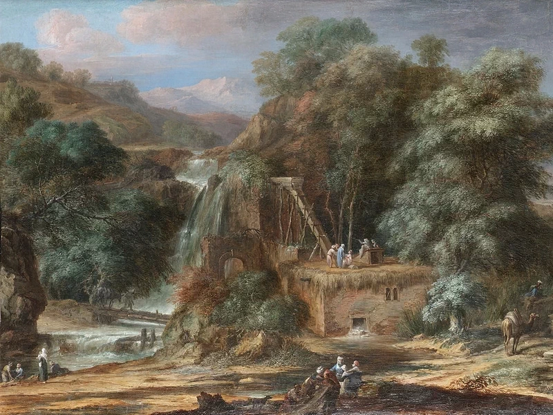 1667-Christoph Ludwig Agricola - Paesaggio con cascata e figure orientali